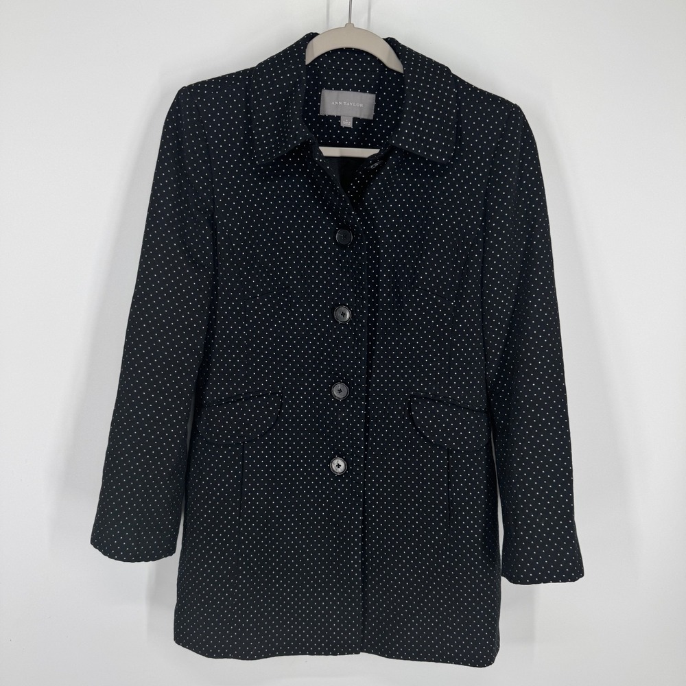 ANN TAYLOR Small Linen Blend Polka Dot Button Down Jacket Black White Pea Coat